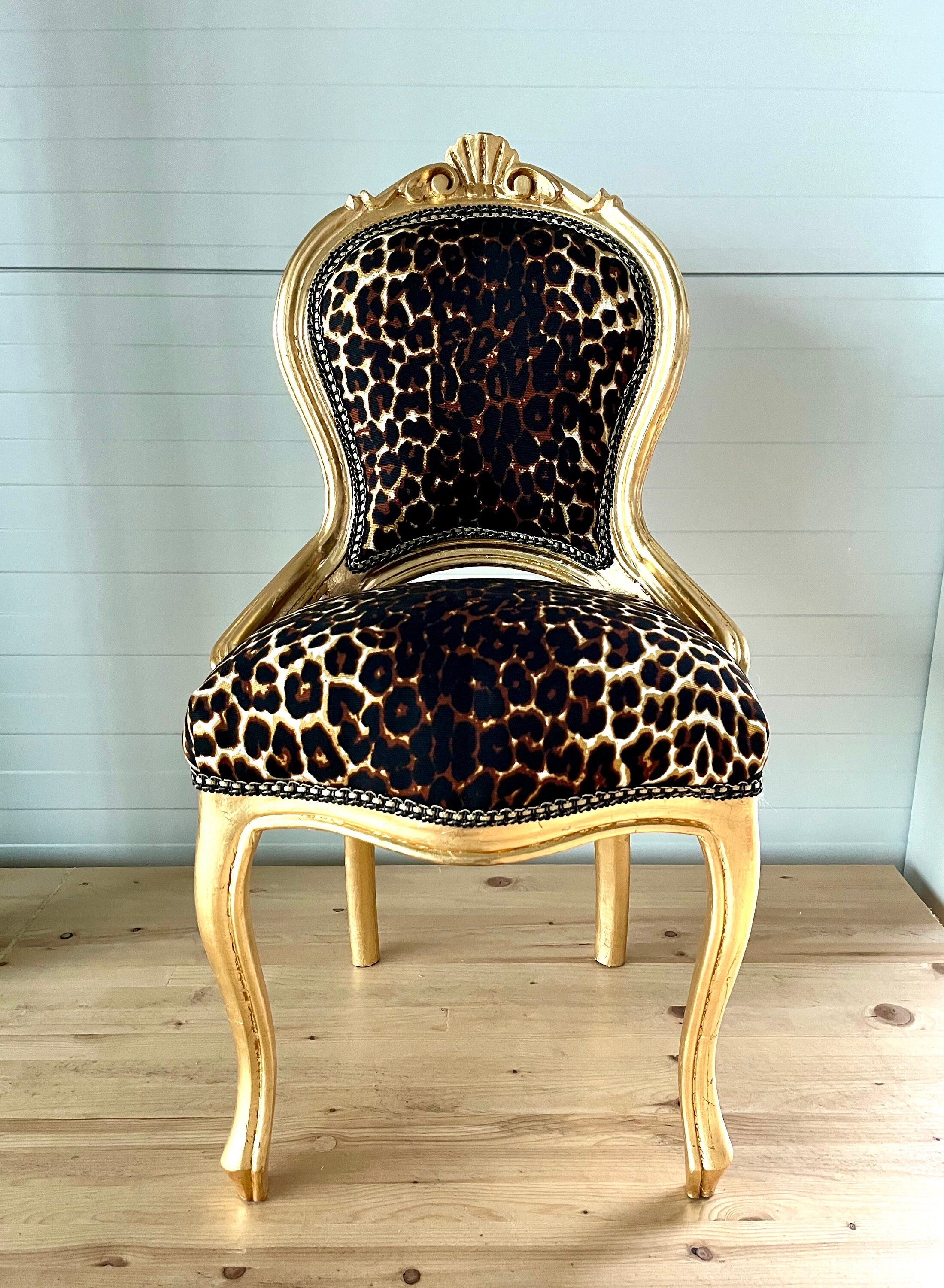 Small Chair French Baroque Rococo Style Retro Italian Style Kid’s Chair in Leopard Print Gold Finish Chair Black Flower Pattern Gold Finish
