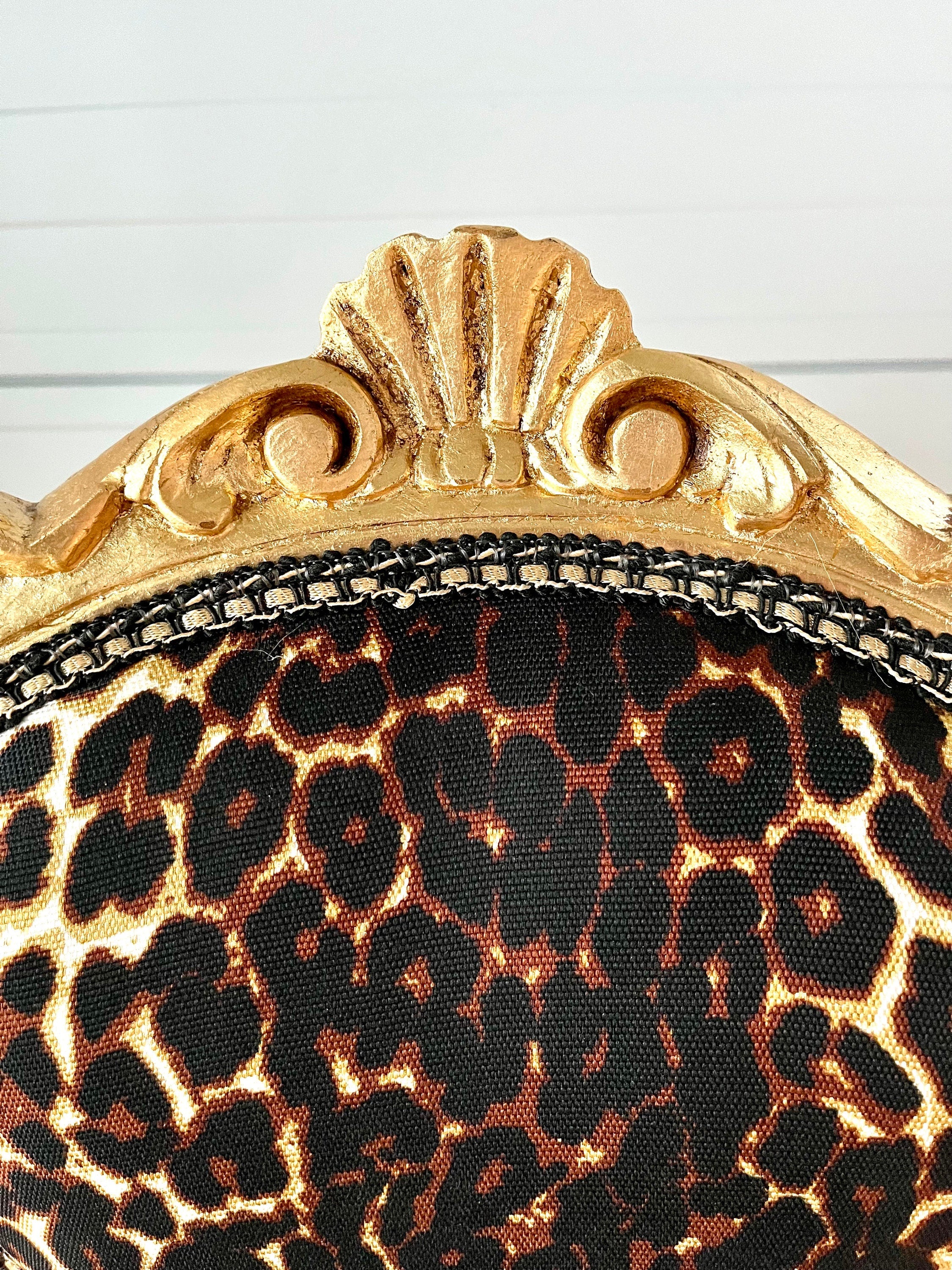 Small Chair French Baroque Rococo Style Retro Italian Style Kid’s Chair in Leopard Print Gold Finish Chair Black Flower Pattern Gold Finish