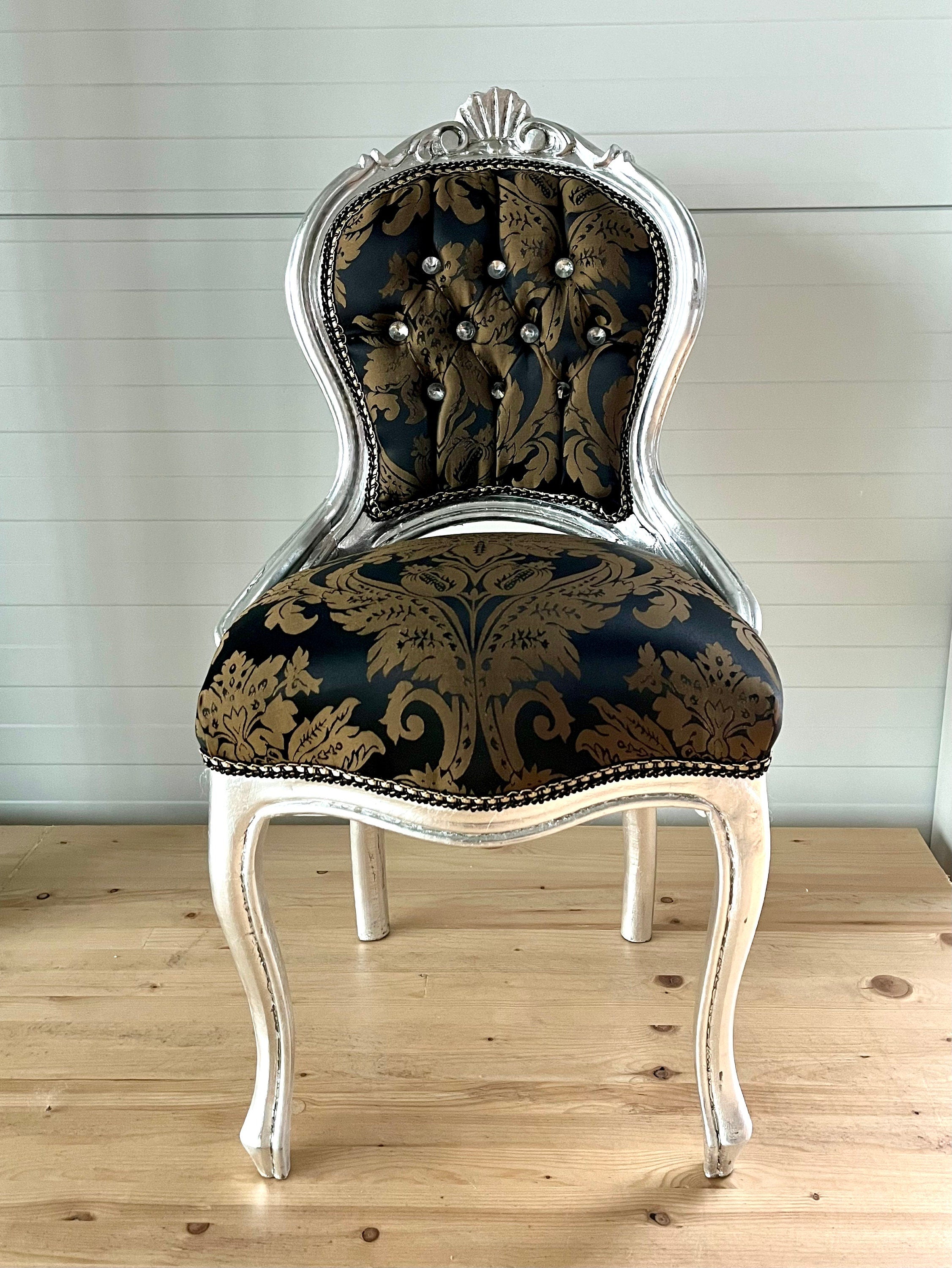 Small Chair French Baroque Rococo Style Retro Italian Style Kid’s Chair in Leopard Print Gold Finish Chair Black Flower Pattern Gold Finish