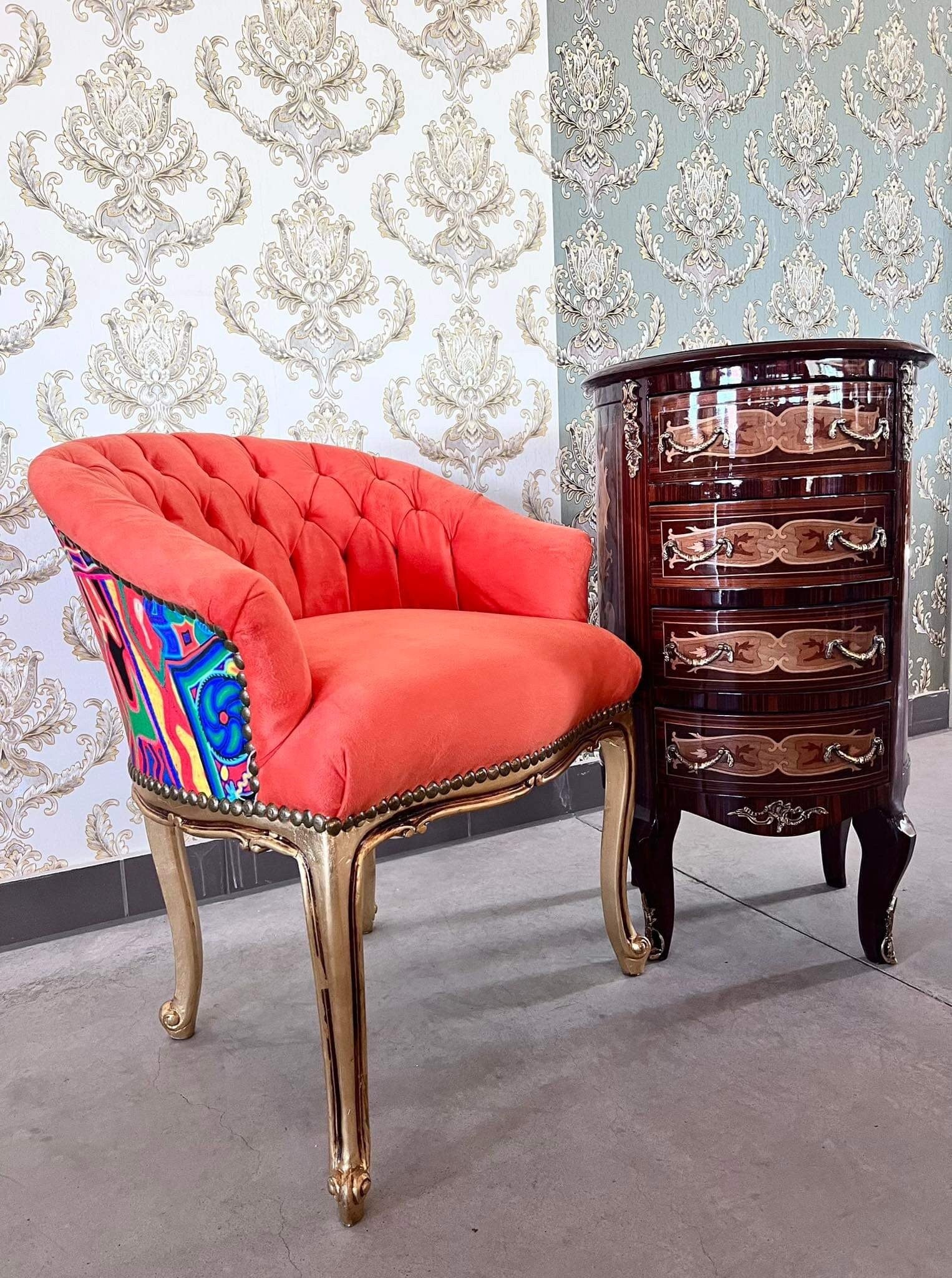 Chair Velvet Red Baroque Rococo Style Tufted Armchair Red Velvet Coloful Print for Café Chair Tufted Velvet Chair Red Orange for Lounge Room