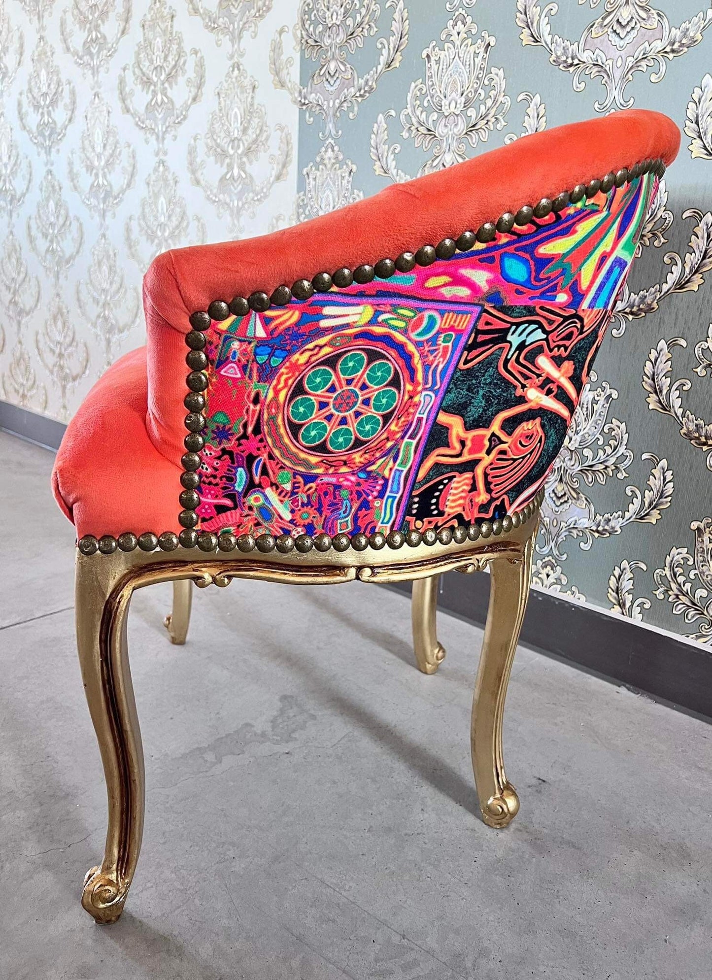 Chair Velvet Red Baroque Rococo Style Tufted Armchair Red Velvet Coloful Print for Café Chair Tufted Velvet Chair Red Orange for Lounge Room
