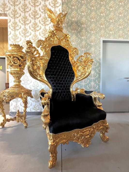 Huge Armchair Baroque Rococo Style King Throne Eagle Shape Black Velvet Gold Finish Noble Piece King Chair for Video Shooting for lounge Bar