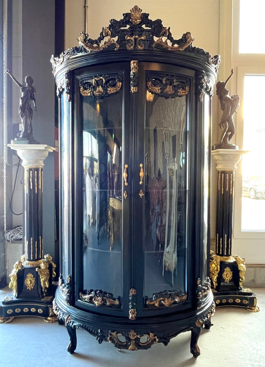 Showcase Cabinet Black Baroque Style Display Cabinet Glass & Wood French Louis Display Cabinet Decor in Black Antique Style Showcase Cabinet