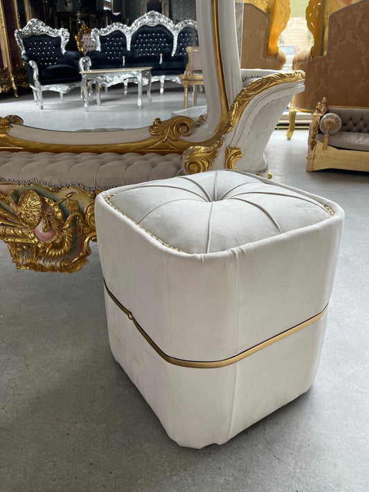 Ottoman Baroque Rococo Style Colorful Footstool Retro Handmade Home Decor Style Ottoman in Rich Velvet Beige & Blue Color