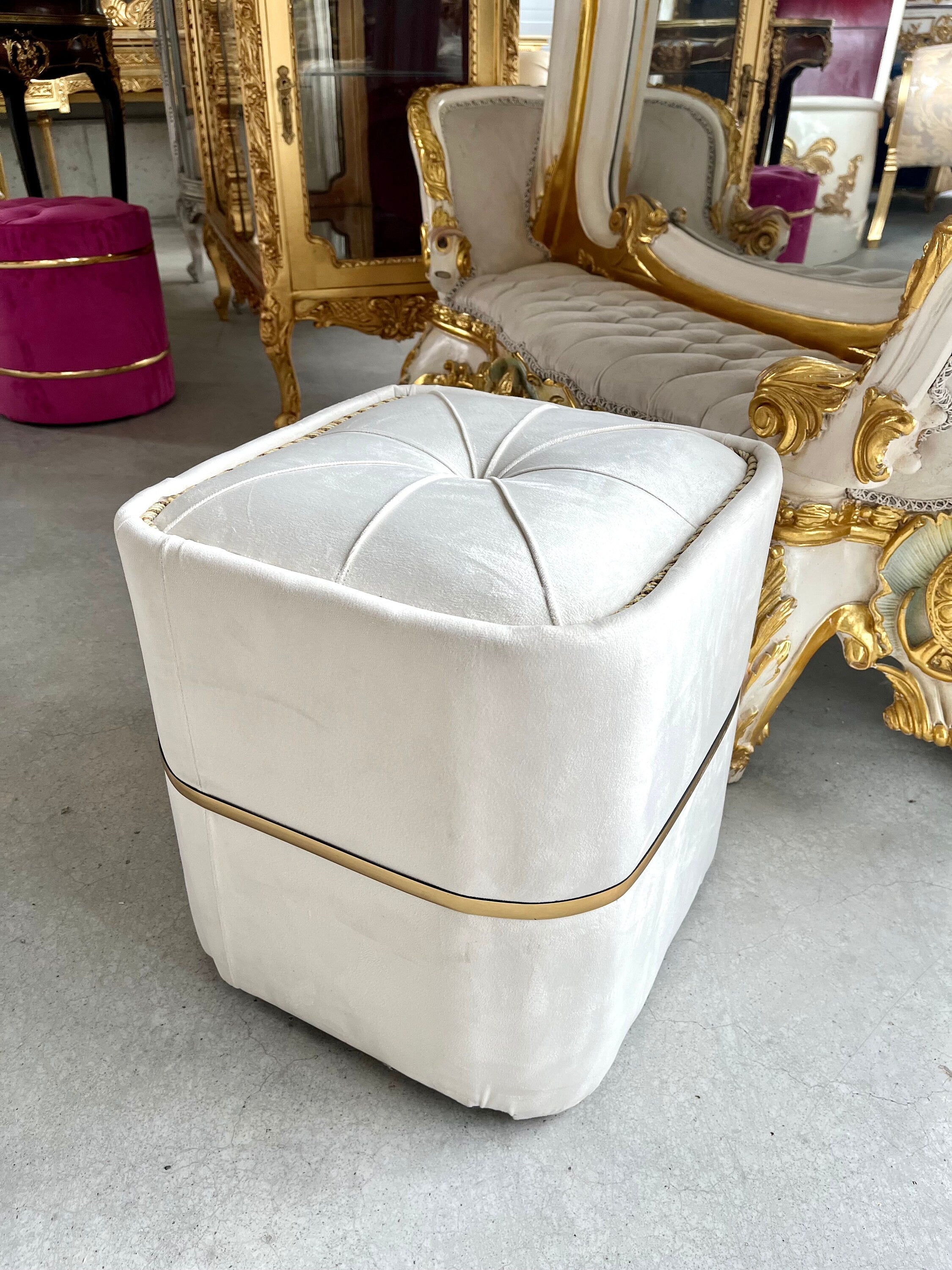 Ottoman Baroque Rococo Style Colorful Footstool Retro Handmade Home Decor Style Ottoman in Rich Velvet Beige & Blue Color
