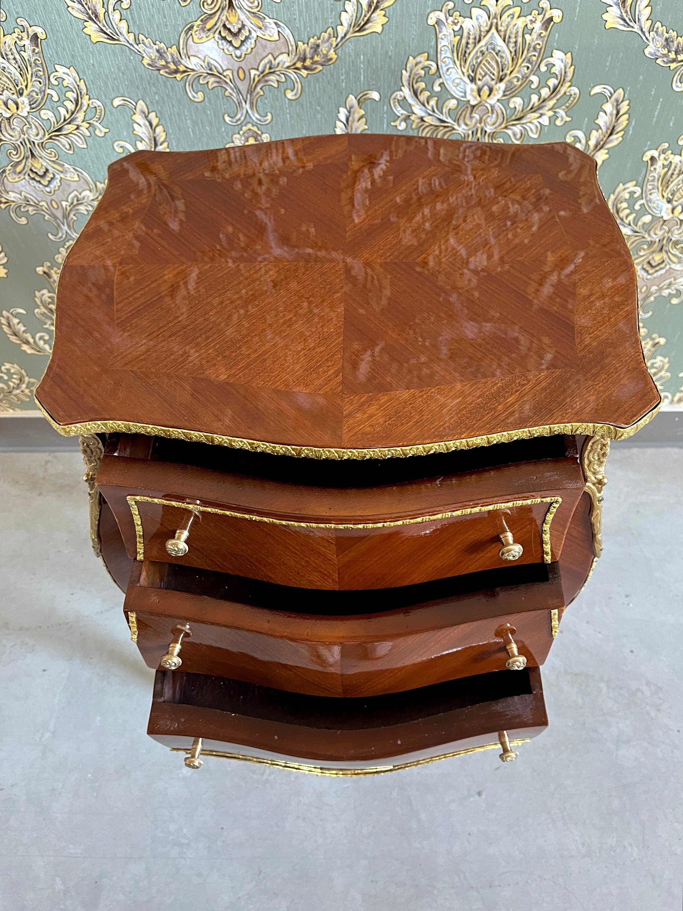 Night Stand French Louis Antique Style Chest of Drawer Retro Baroque Style in Brown Color Bedside Cabinet for Home Bedroom