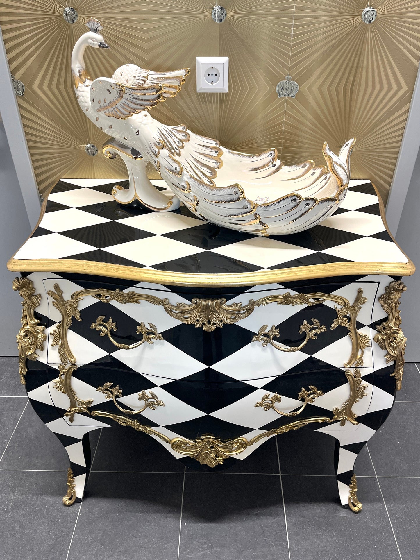 Chest of Drawer Middle Size French Louis Style in Black Diamond Print Retro Baroque Style Cabinet Inlaid 3 Drawer With Bronze Ornaments