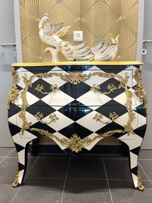 Chest of Drawer Middle Size French Louis Style in Black Diamond Print Retro Baroque Style Cabinet Inlaid 3 Drawer With Bronze Ornaments