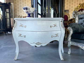 Chest of Drawer French Louis Style in Silver Glitter Dresser Retro Baroque Style Inlaid 2 Drawers & Metal Ornaments Commode in Silver