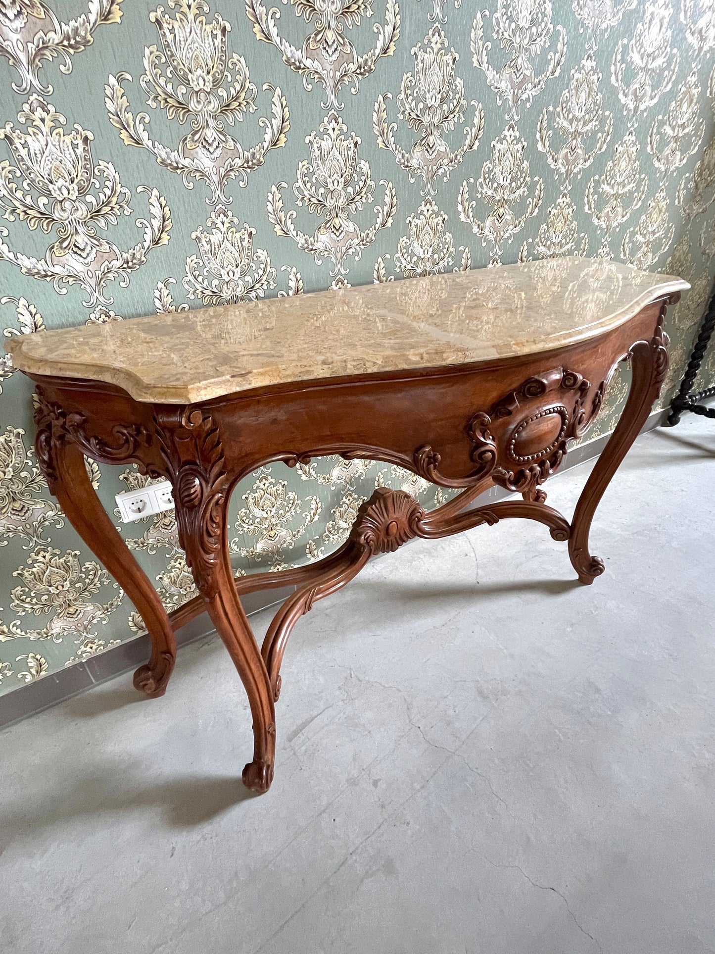 Console Table French Antique Style in Solid Wood Brown and Marble Slab Top Table Retro Baroque Style Gorgeous for Home Decor