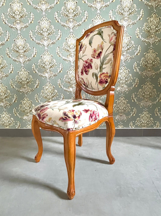 Dining Chair French Baroque Style Wooden Chair Beige Color Floral Print Accent Chair