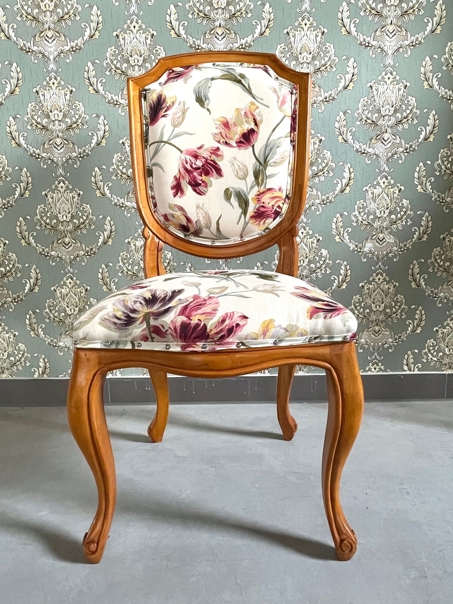 Dining Chair French Baroque Style Wooden Chair Beige Color Floral Print Accent Chair