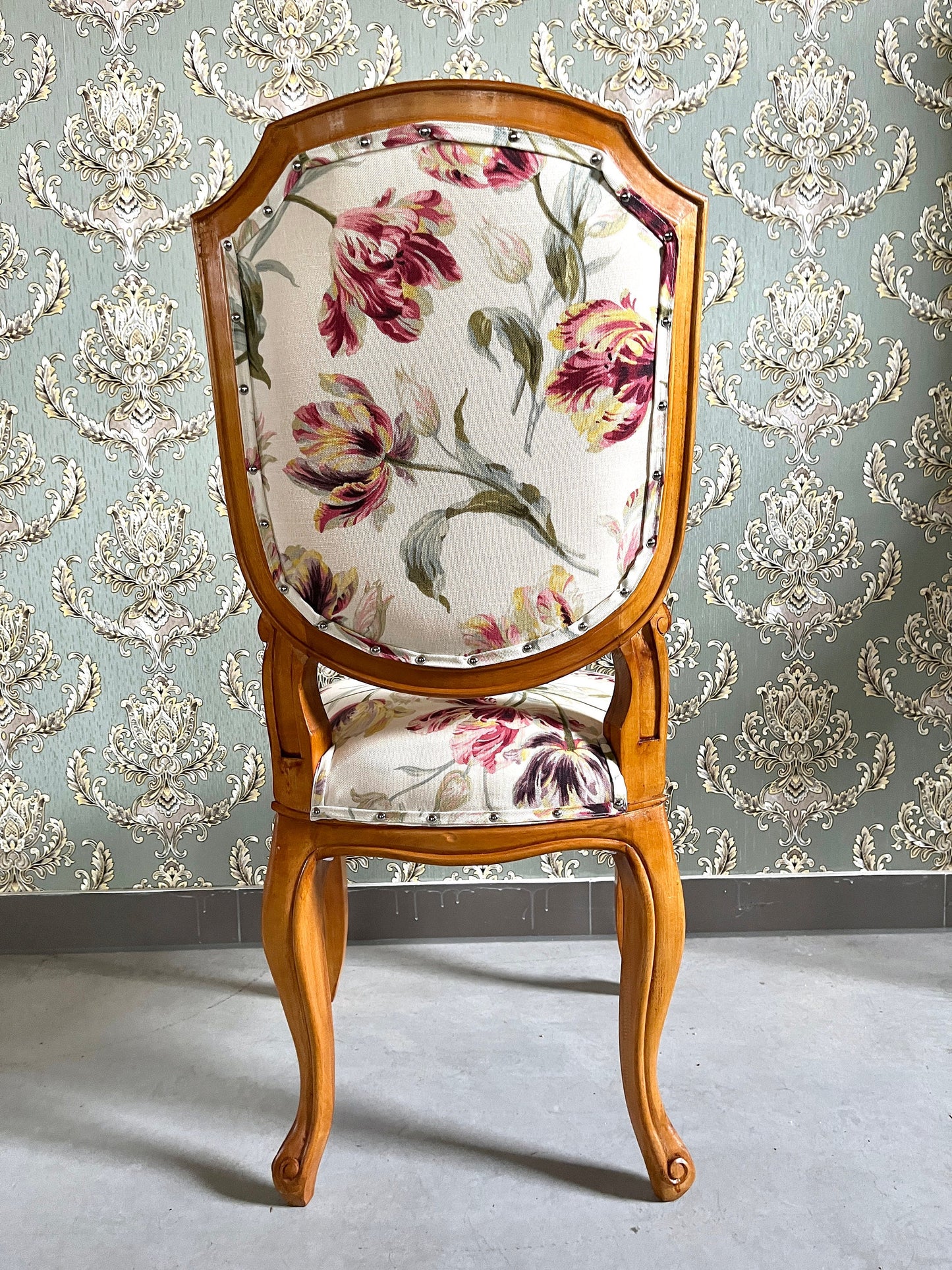 Dining Chair French Baroque Style Wooden Chair Beige Color Floral Print Accent Chair