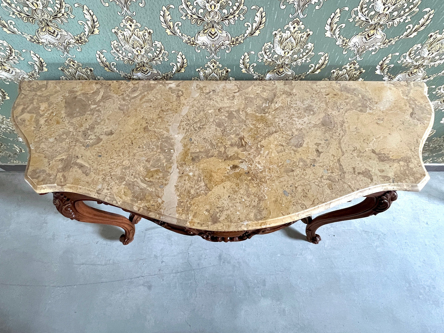 Console Table French Antique Style in Solid Wood Brown and Marble Slab Top Table Retro Baroque Style Gorgeous for Home Decor