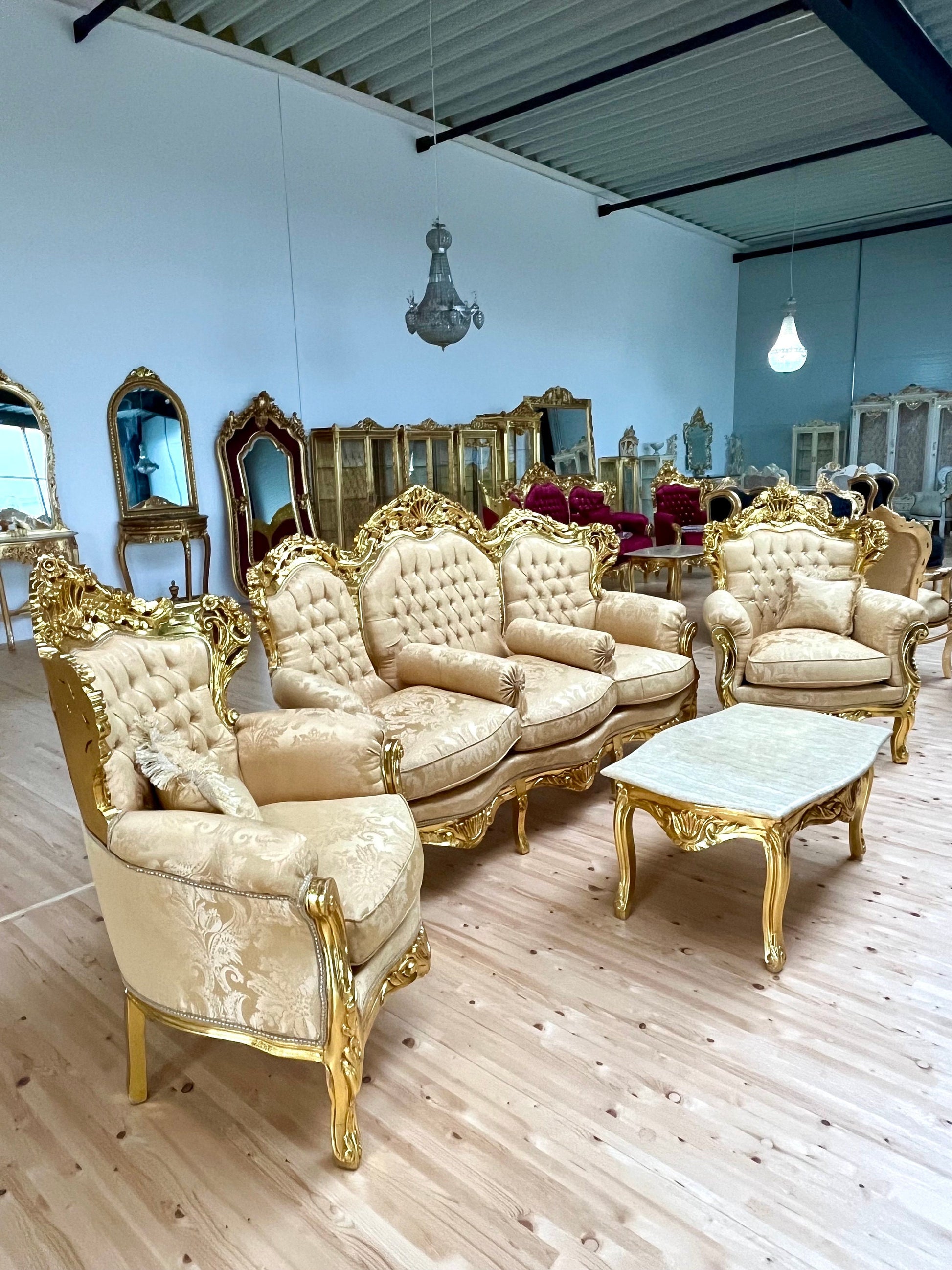 Sofa Set French Louis Style in Gold Finish Retro Baroque Rococo Style Couch Set For Holiday Sparkling Home Decor Gift for Hotel Lobby Decor