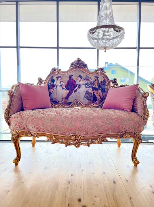 Love Seat French Louis Style Couch Royal Baroque Bench for Home Decor Italian Baroque Style Sofa in Pink Velvet Damask for Loung Room Decor