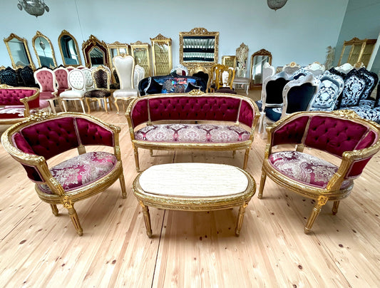 Sofa Set Red French Baroque Style Lounge Sofa Set in Bordeaux Floral Color French Settee for Lobby Living Room