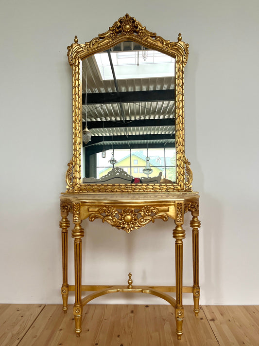 Mirror Table Console Retro Baroque Style with Marble Slab Top Handmade Wooden Table in Gold Finish