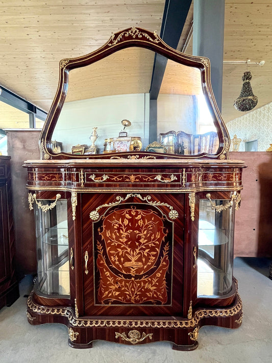 Mirror Glass Cabinet Wall Console in Nostalgic Antique Style with Marble Slab at Top Retro Baroque Style Wall Cabinet with Mirror