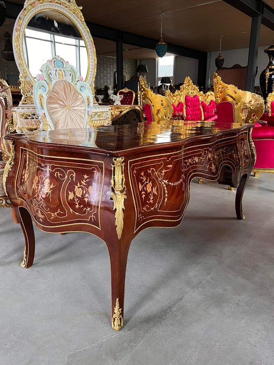 Limitierter handgefertigter Schreibtisch im Barockstil/ Limited Deluxe Desk in French Baroque Style Wooden Desk Nostalgic Antique Look Brown