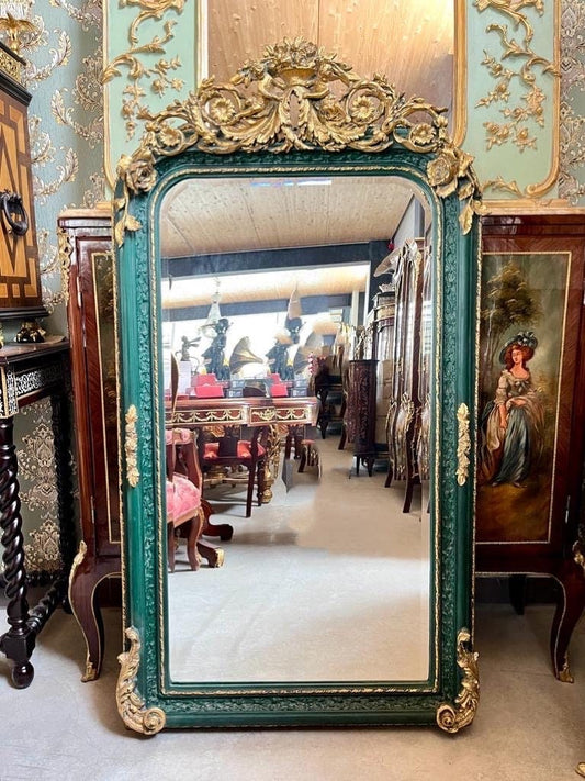 Floor Mirror Emerald Green Color Retro Baroque Style with Angels & Flower Sculpture in Bronze for Home Decoration