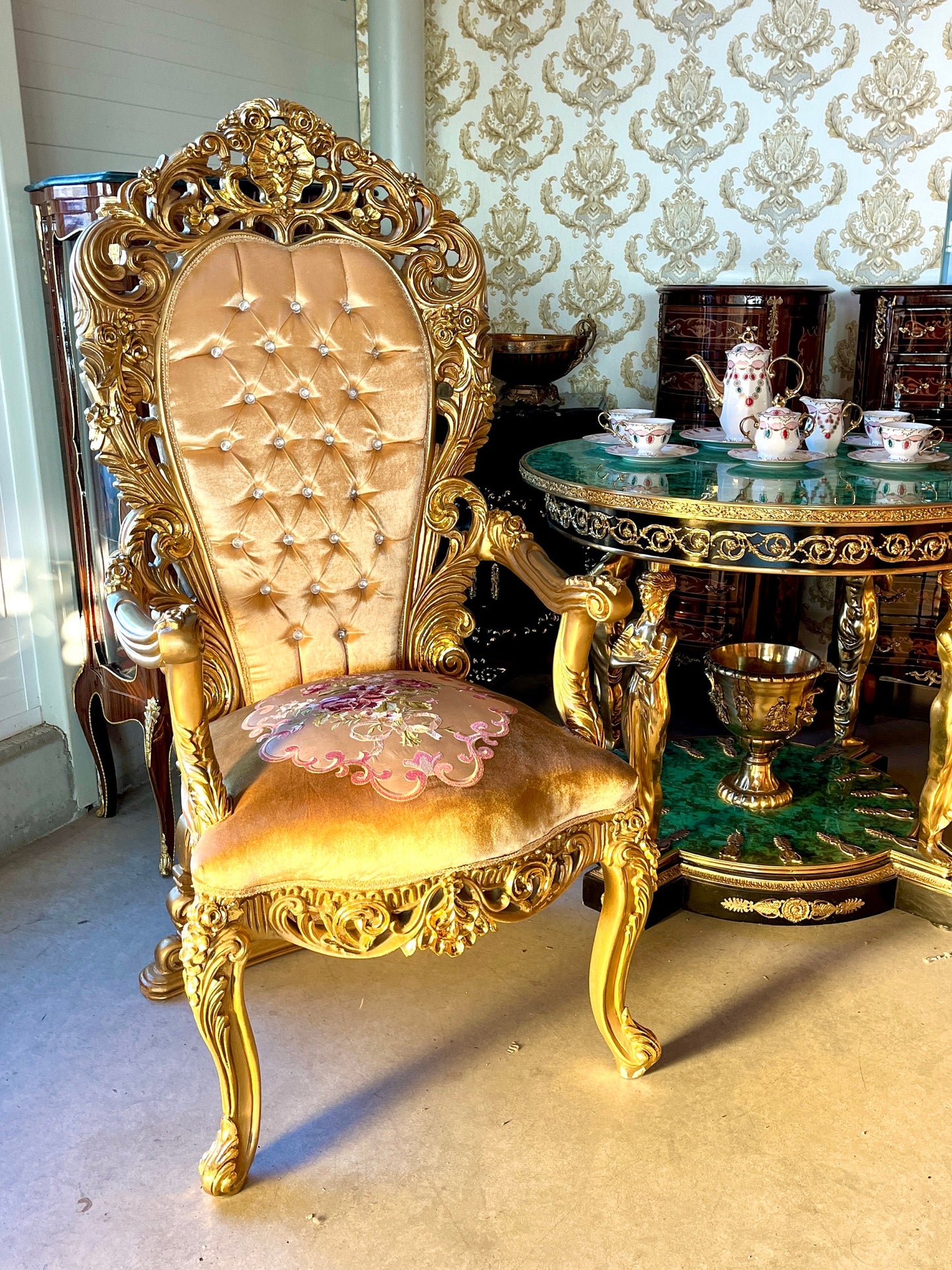 Throne Italian Baroque Rococo Style Armchair in Gold Finish Good for Wedding or Event Decoration