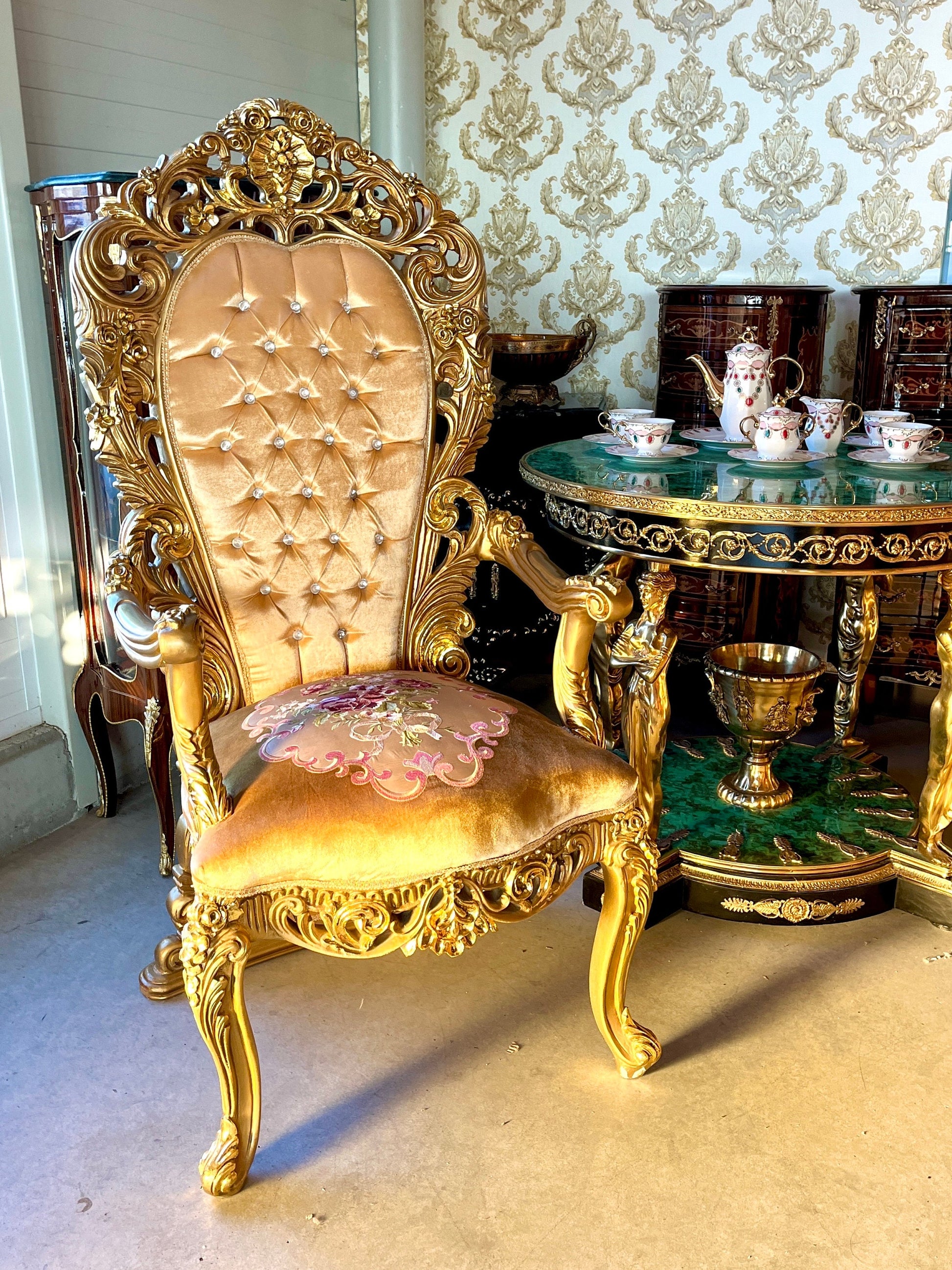 Throne Italian Baroque Rococo Style Armchair in Gold Finish Good for Wedding or Event Decoration