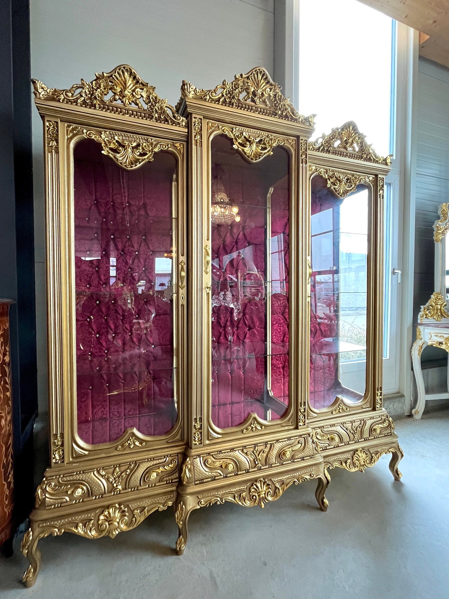 Huge Display Cabinet Deluxe Baroque Style Glass Cabinet Royal Antique Style Reproduction Showcase in Gold Finish for Home Decor-LIMITED ITEM