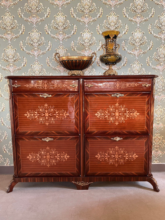 Shoe Cabinet Retro Baroque Antique Style Wooden Brown Cabinet Stored Up to 24 Pairs for Home Decoration