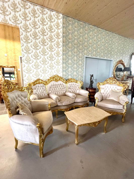 Sofa Set French Louis XV Style Tufted Velvet Beige Color in Gold Finish Marble Top Coffee Table Retro Baroque Style Sofa Set