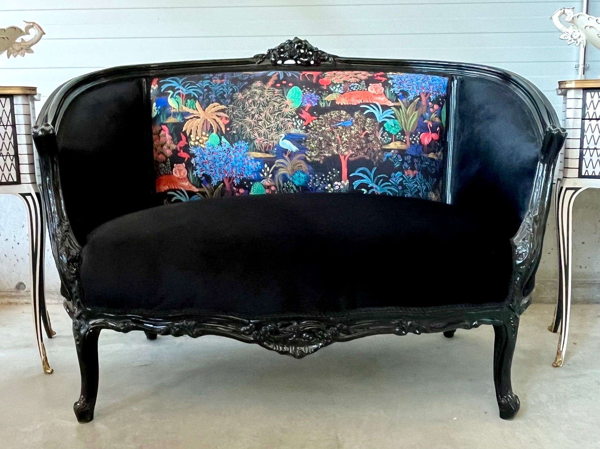 Lounge Sofa French Baroque Rococo Style in Black Velvet Safari Jungle Print Sofa For Party Special Event For Home Decor