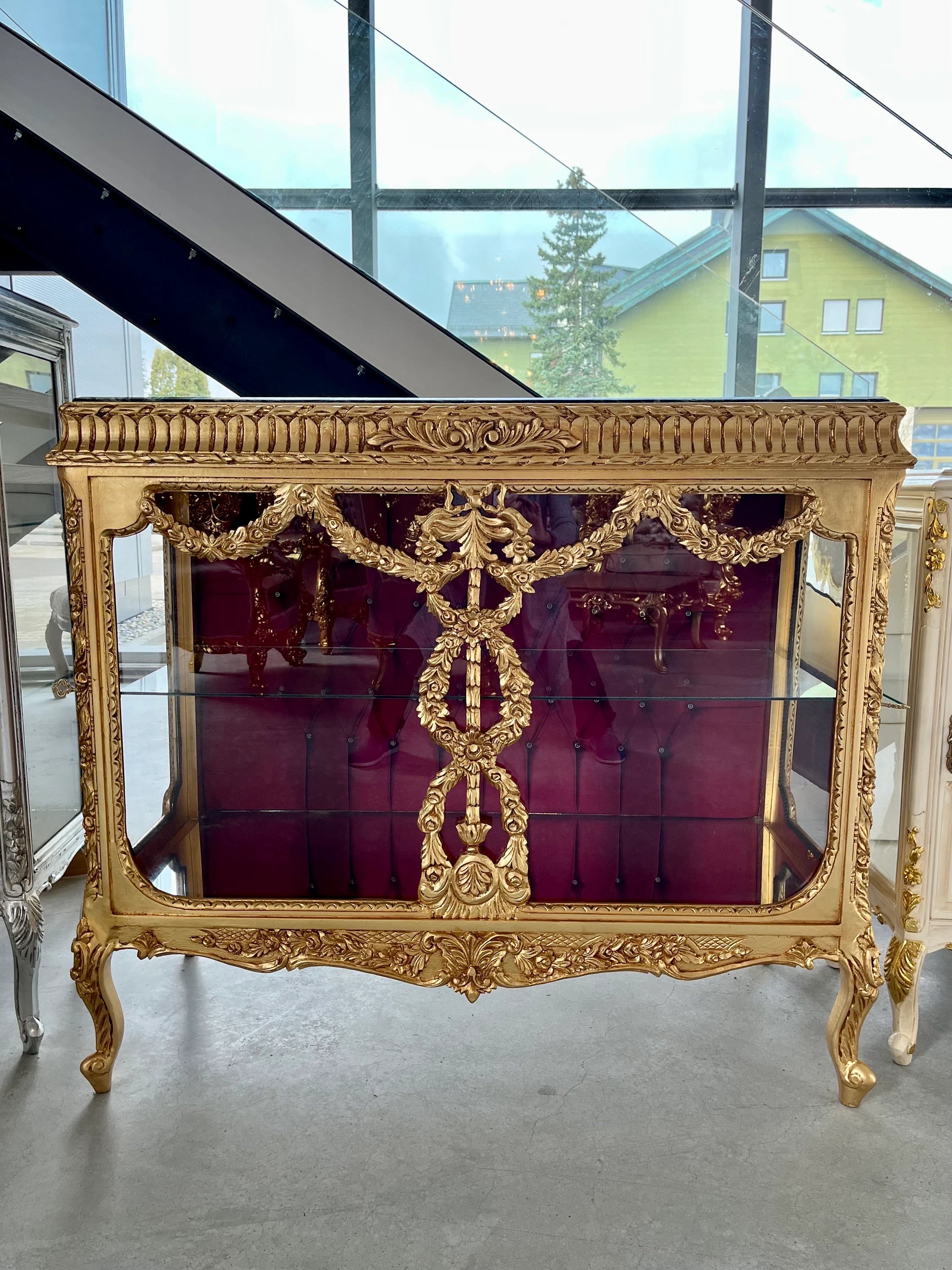 French Baroque Style Gold Vitrine Marble Top Red Velvet Glass Door Showcase