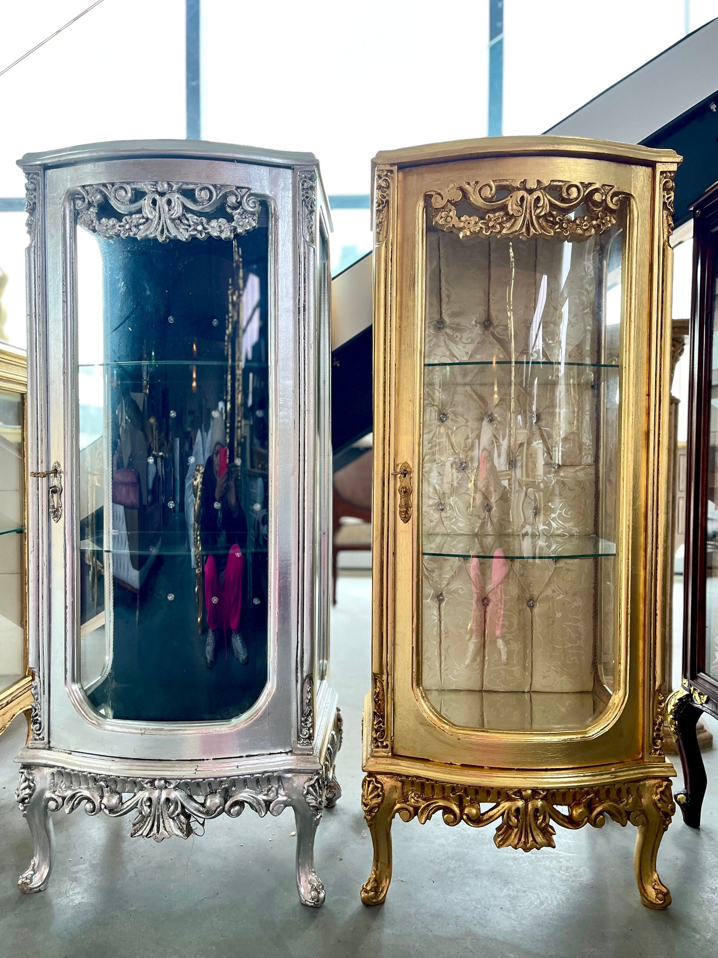 Display Cabinet Silver Black French Louis XV Antique Style Showcase Marble at Top Middle Size Baroque Style Showcase for Home Decor