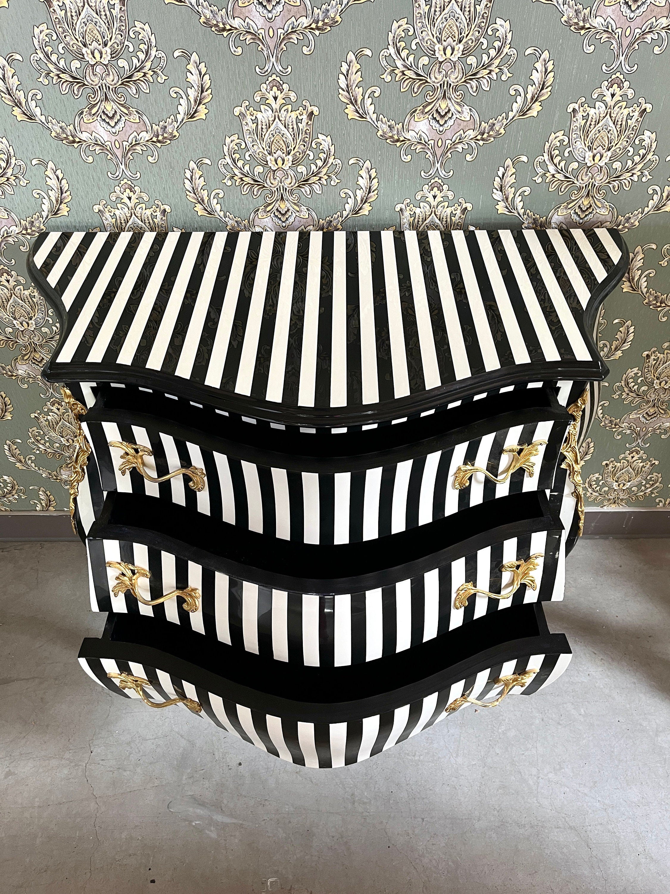 Chest of Drawer Louis XV Style Black Stripe Dresser Classic Baroque Rococo Style Wooden Cabinet Nostalgic Style for Bedroom Decor Gift
