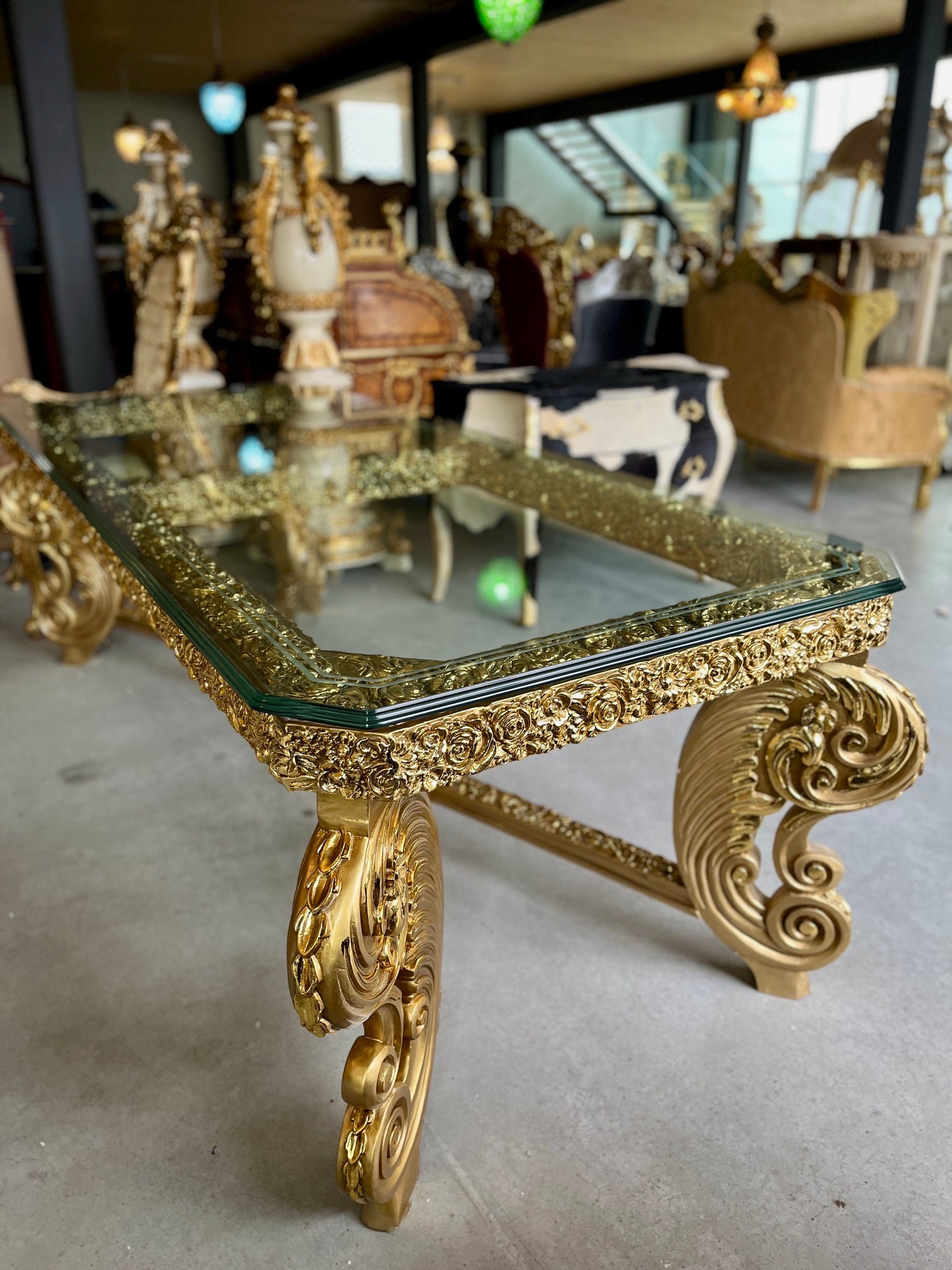 Huge Dining Table Glass Top Extra Long Table Royal Baroque Style Glass Top Table in Gold Finish for Big Family or Hotel Decotation