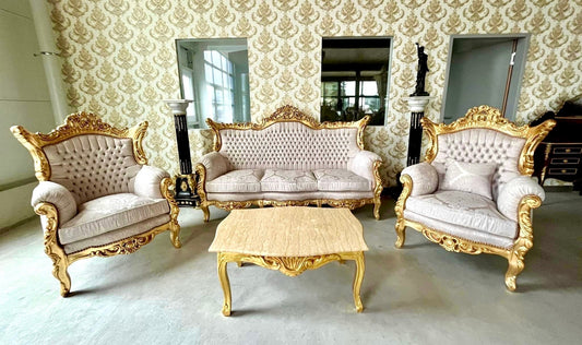 Sofa Set French Louis XV Style in Tufted Velvet Beige Color Sofa Set Retro Baroque Rococo Style in Gold Finish for Home Decor