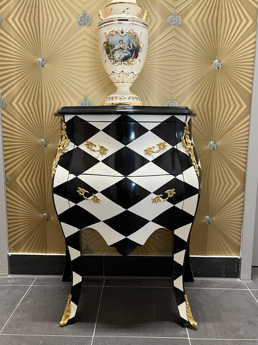 Night Stand Deluxe French Louis Baroque Style Chest of drawer in Black Diamond Print Bronze Handle Home Decor Bedside Table for Bedroom Deco