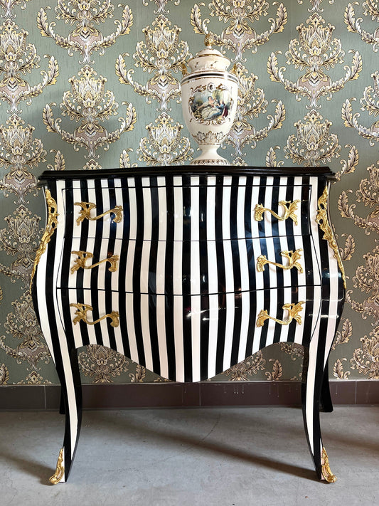 Chest of Drawer Louis XV Style Mid Size Dresser in Black Stripe Wooden Cabinet Nostalgic Baroque Style Home Decor