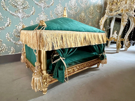 Pet Bed French Baroque Style Dog Bed in Royal Style Velvet Emerald Green Gold Finish Roof Cover Detachable Pet Furniture for Home Decor
