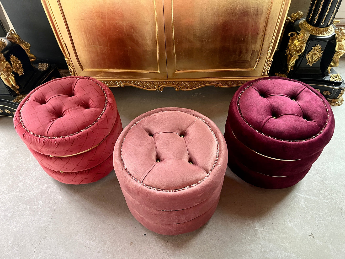 Pouf Nostalgic French Marcaron Shape Ottoman Cute Handmade Stool for Home Decor in Velvet Berry, Rosa ,Burgundy