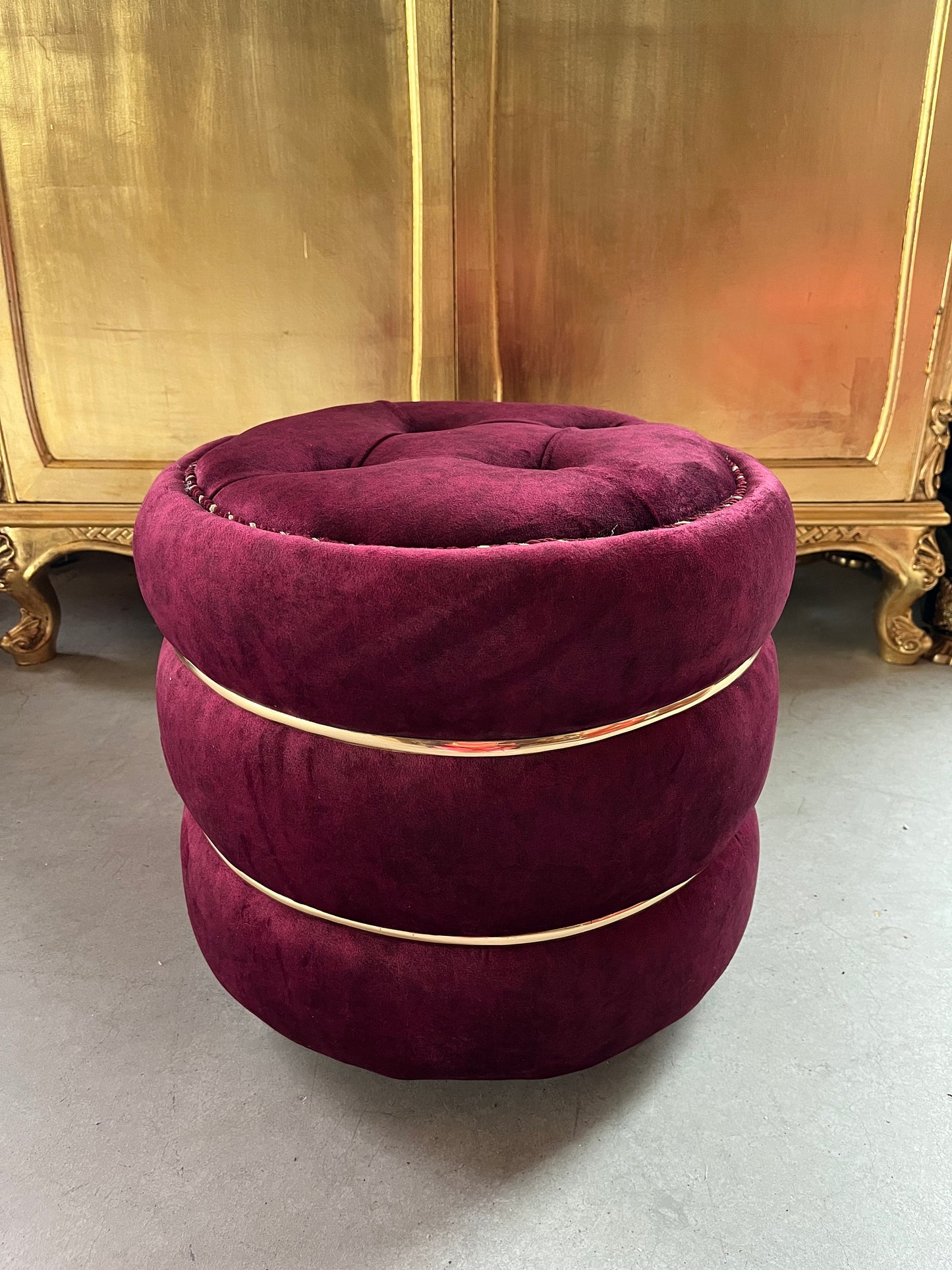 Pouf Nostalgic French Marcaron Shape Ottoman Cute Handmade Stool for Home Decor in Velvet Berry, Rosa ,Burgundy