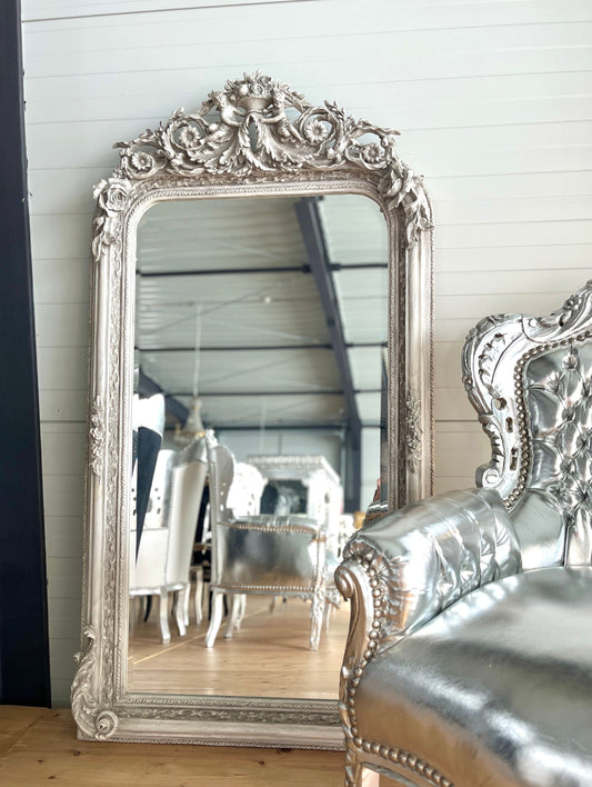 Floor Mirror French Baroque Style Mirror with Angel & Flowers Sculpture Decoration in Gold and Light Grey Frame for Home Decor