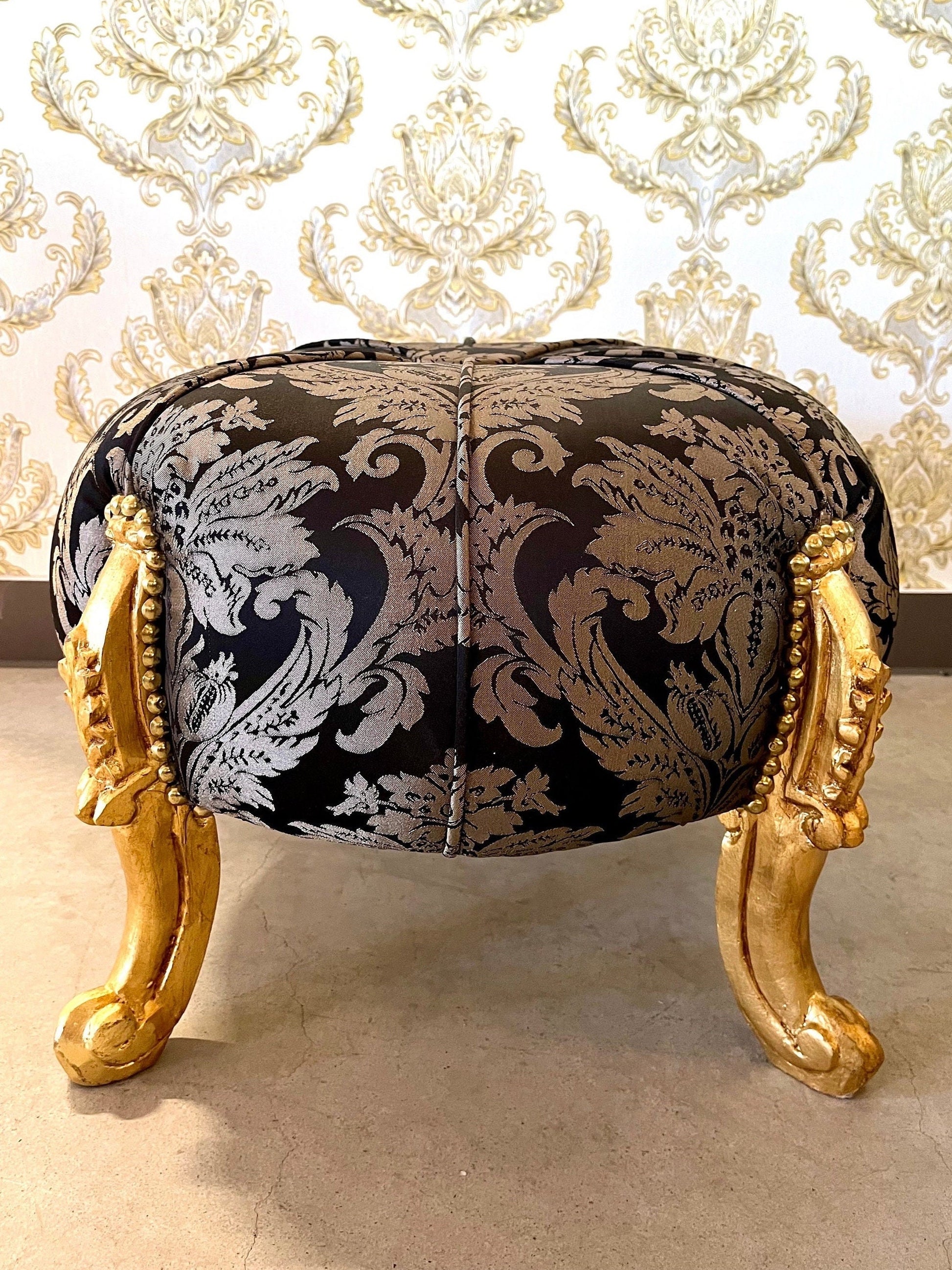 Ottoman French Baroque Rococo Style Footstool for Home Decor Foil Gold Finish in Gold / Beige / Black Jacquard Fabrics