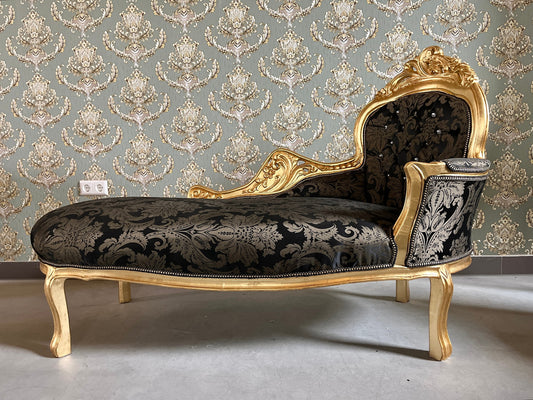 Chaise Longue French Louis Style in Black Floral Fabric Retro Baroque Style Bench in Gold Finish for Home Decor