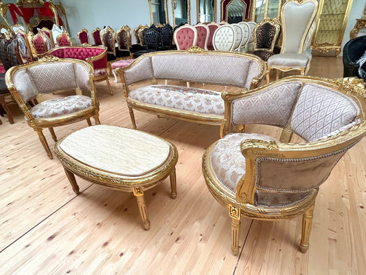 Sofa Set French Antique Style in Beige Color Floral Embroidered Lounge Sofa Retro Baroque Style for Home Decor in Gold Finish