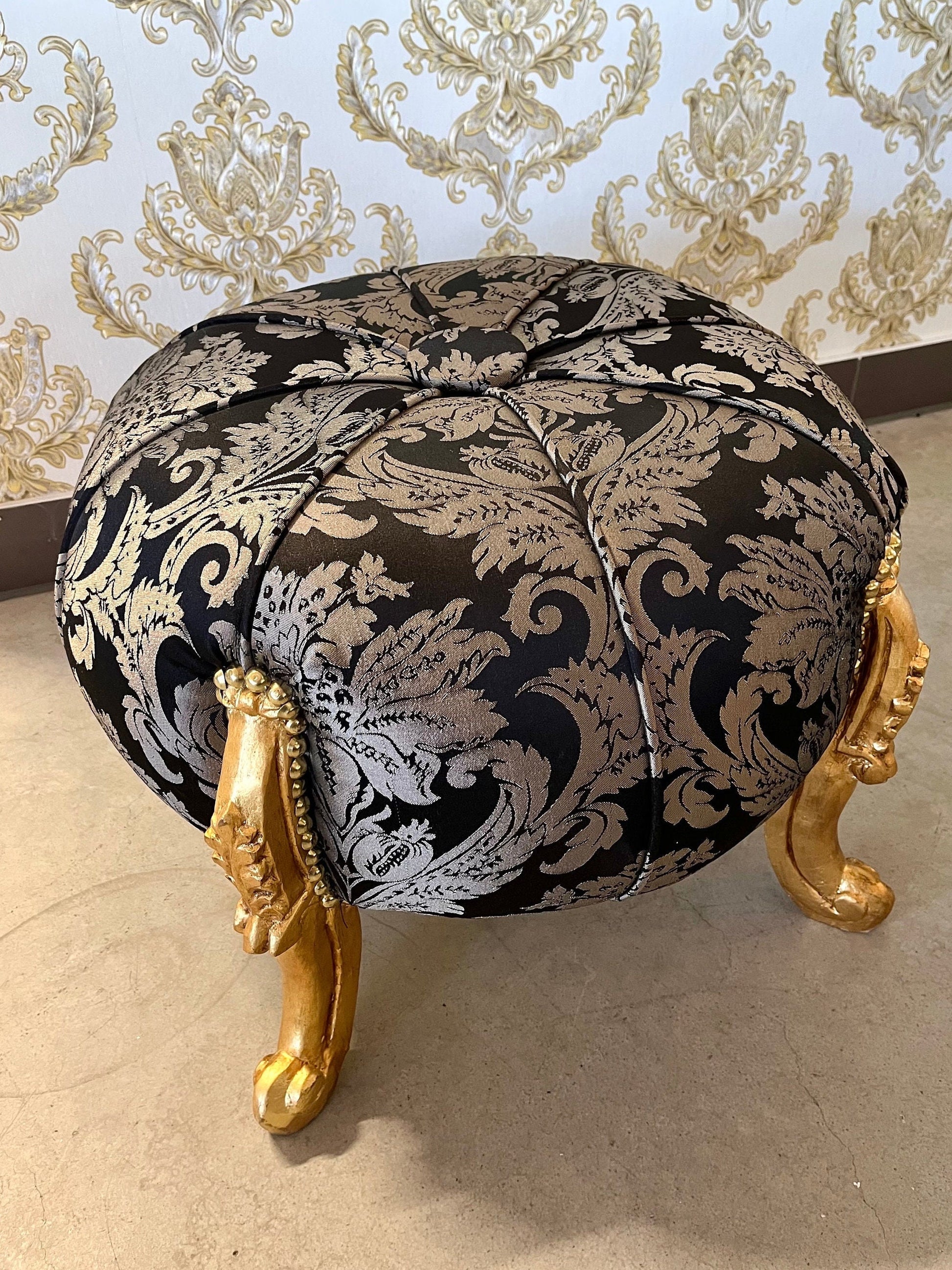 Ottoman French Baroque Rococo Style Footstool for Home Decor Foil Gold Finish in Gold / Beige / Black Jacquard Fabrics