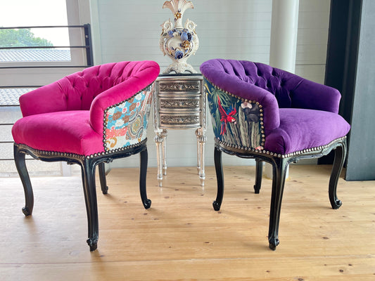 Cocktail Chair Tufted Velvet French Baroque Rococo Style in Floral Jungle Print Bar Chair Tufted Velvet Fuchsia Velvet Purple for Party Deco