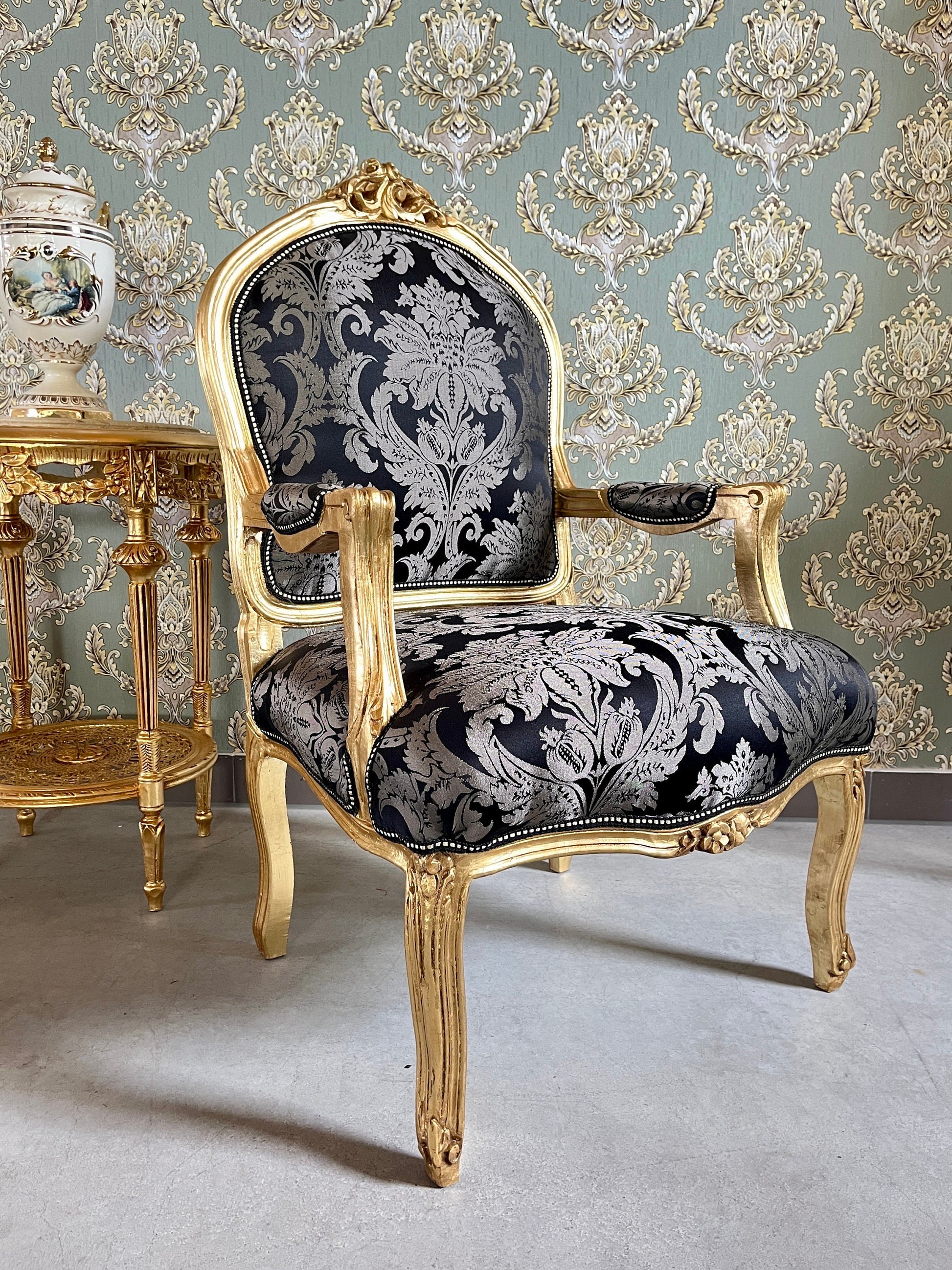 Armchair French Louis Antique Style Chair Royal Baroque Style in Gold Finish Deluxe Fabric in Gold & Black Flower Pattern for Home Décor