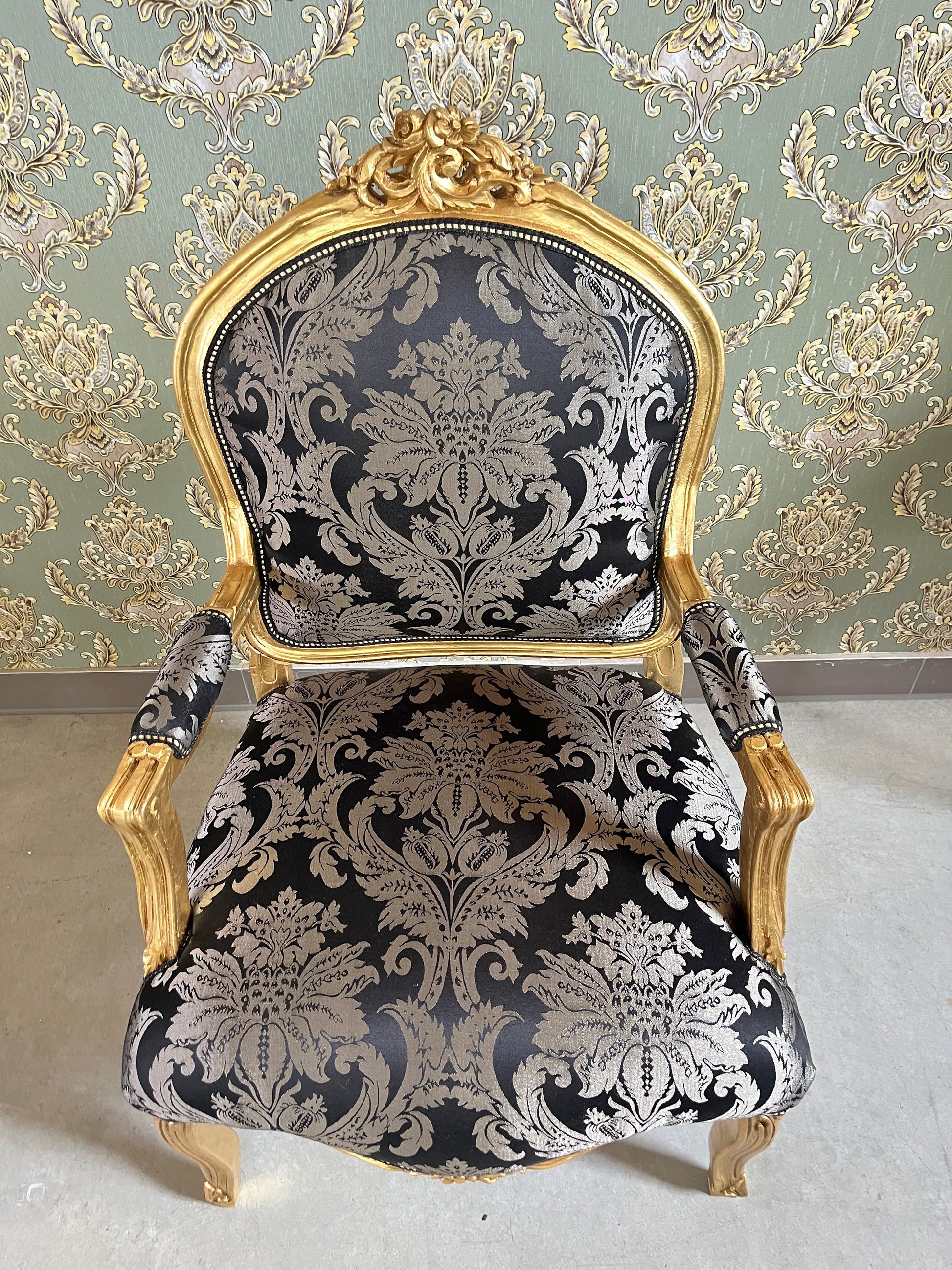 Armchair French Louis Antique Style Chair Royal Baroque Style in Gold Finish Deluxe Fabric in Gold & Black Flower Pattern for Home Décor