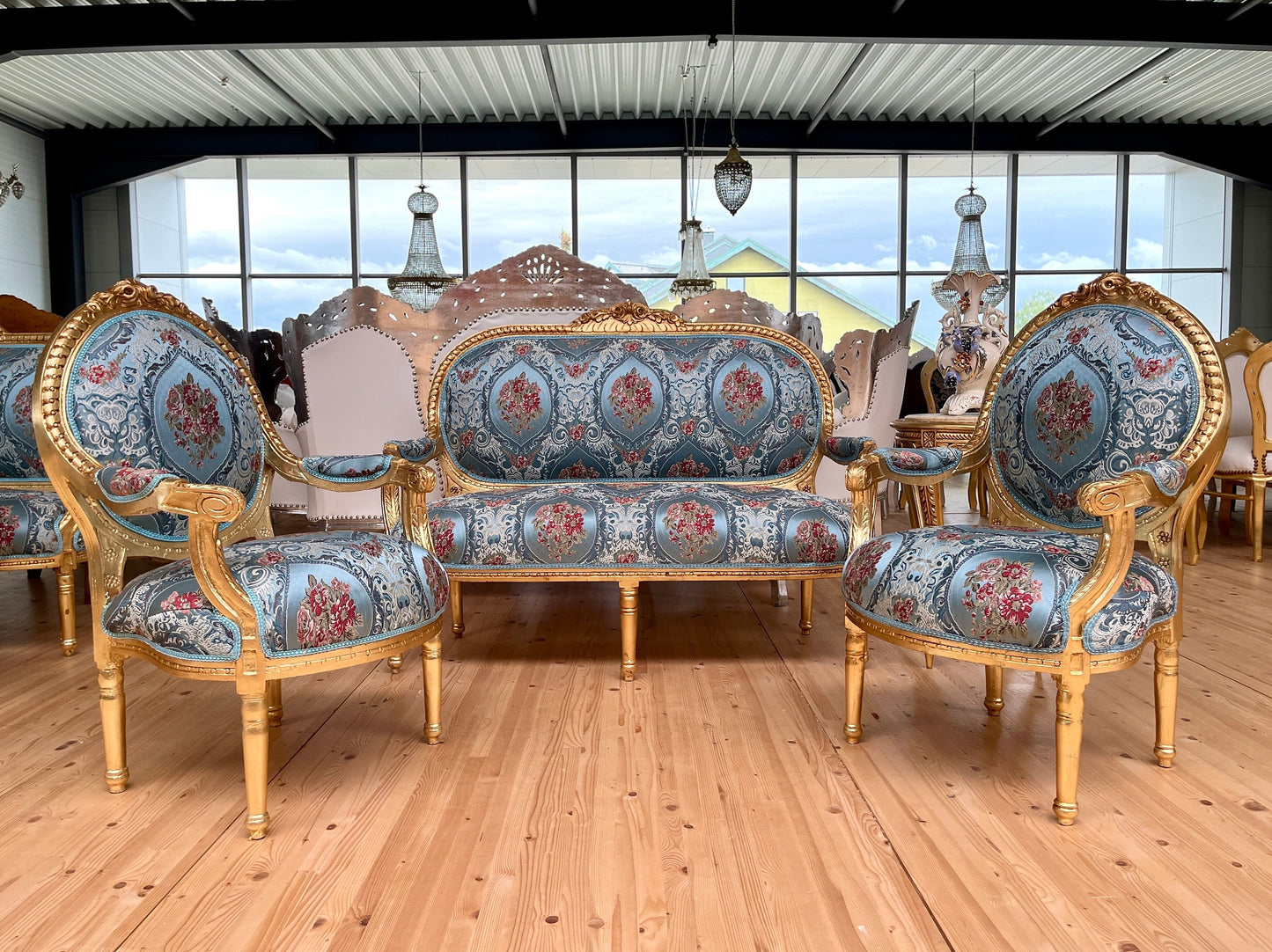 Lounge Sofa Set Blue Flower Pattern French Baroque Rococo Style Sofa Set Royal Antique Style for Hotel Lobby or Home Lounge Room Decor